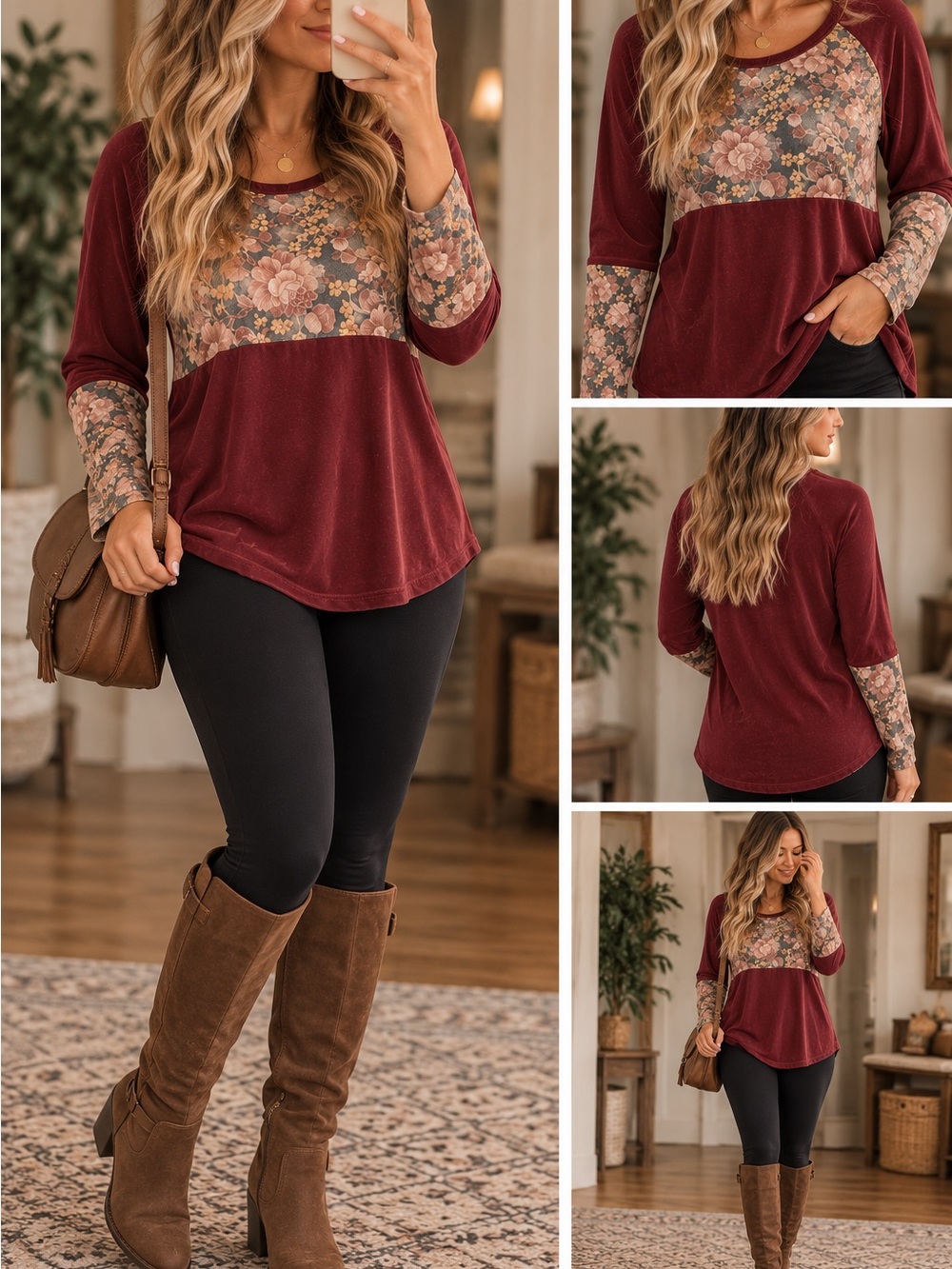 Sun n Moon Burgundy Floral Raglan Long-Sleeve Top